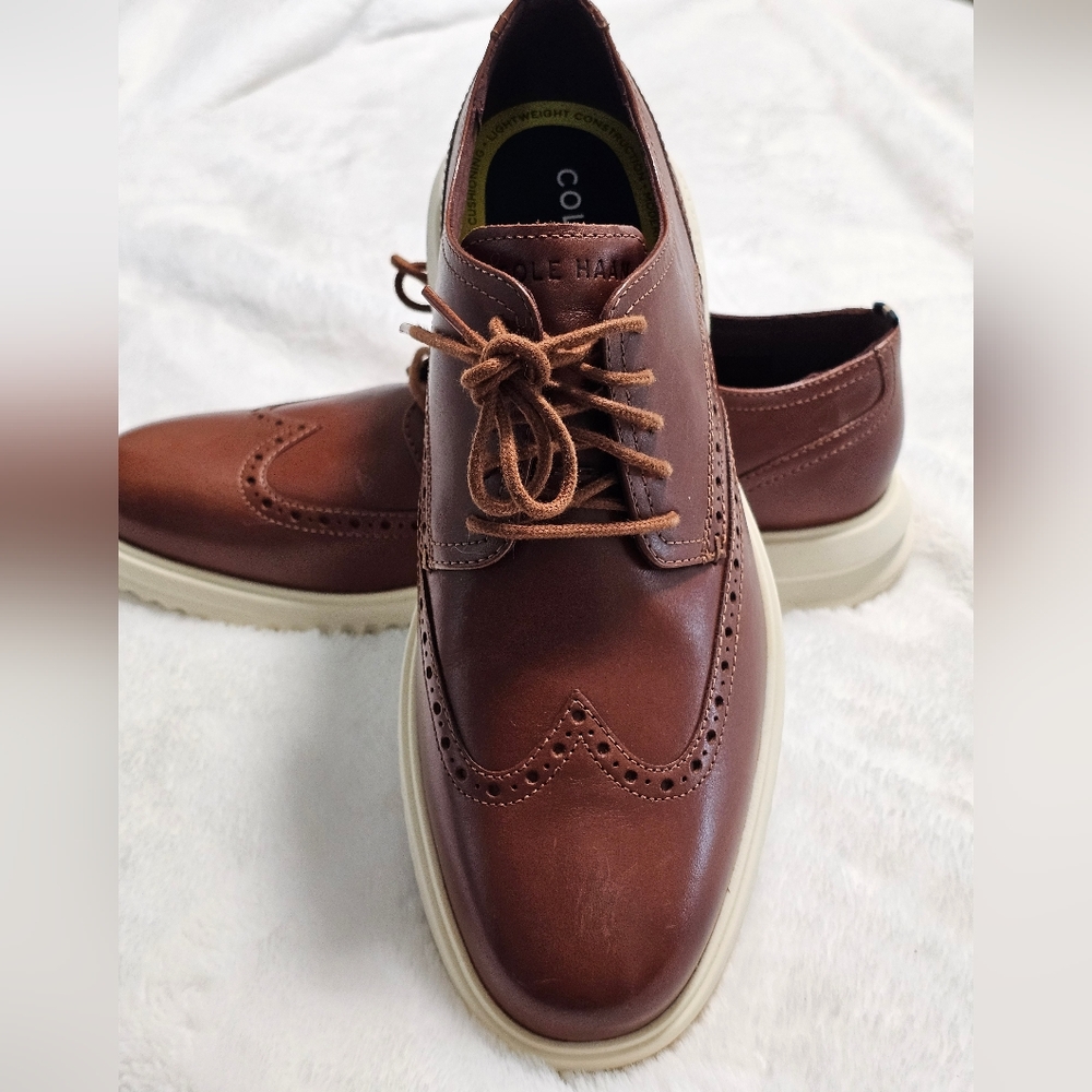 NWT Cole Haan Mens US 9M Grand Wingtip Derby Oxford Brown Leather Shoes